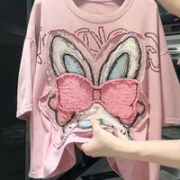 Camiseta de poliéster de manga corta con estampado de anime y dibujos animados, estilo patchwork, talla grande, resistente, para mujer, estilo nuevo de verano 2026, holgada y adelgazante
