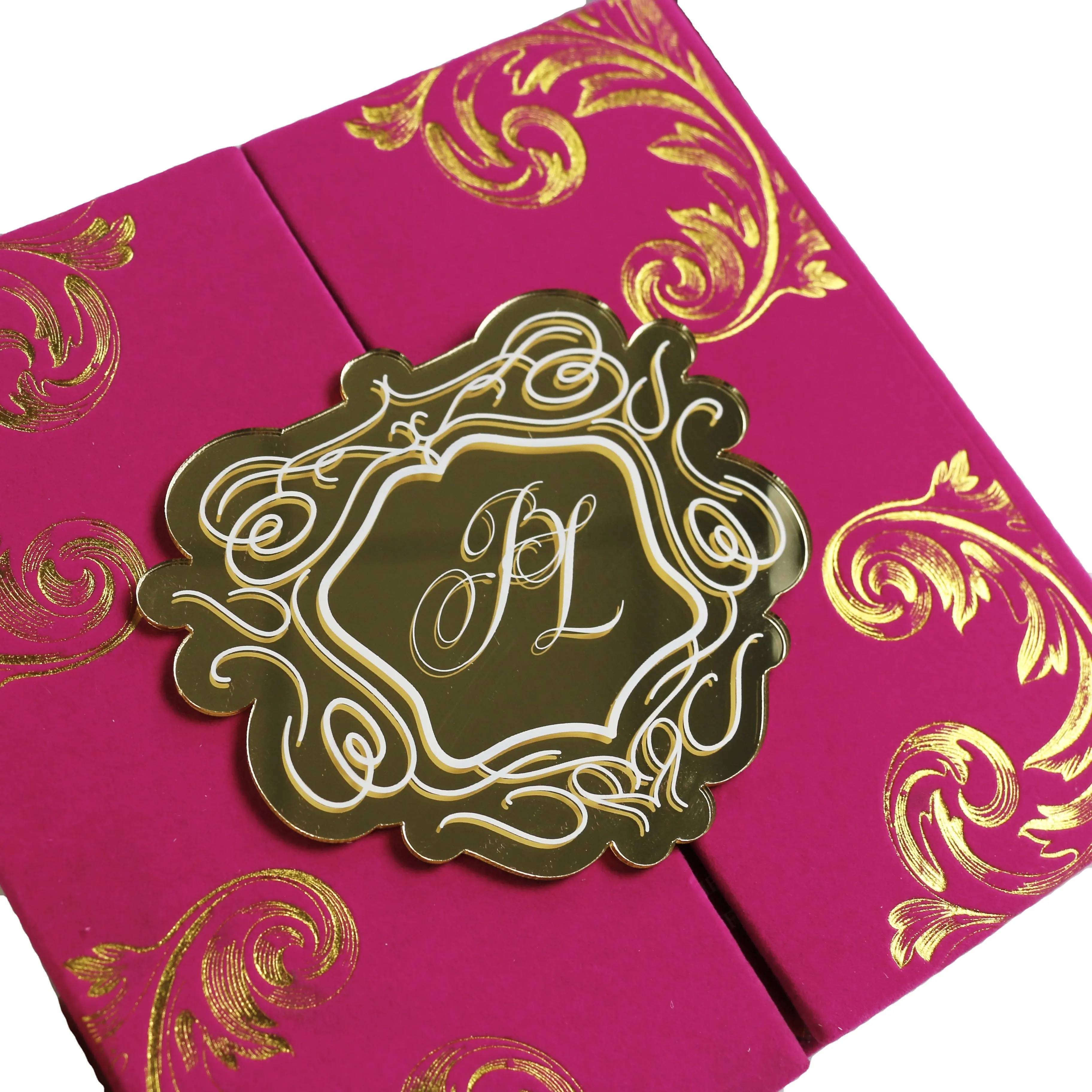 Convites personalizados do casamento do hardcover do pano da camurça com cartão acrílico do ouro e RSVP introduzem cartões de papel