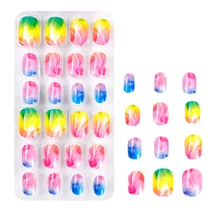 Colorful Kids Vegan Press On Nails Color Blue And Green Nail Stick Ons For Kids With Glue