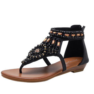 Black T-Strap Flat <b>Sandals</b> With Bead Decoration Open Toe Summer Women Shoes Breathable Faux Leather Slip-On Elegant Style - Product Image 2