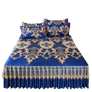 Juego de 2 fundas de almohada con falda de cama tamaño Queen King con estampado floral, juego de sábanas de lujo