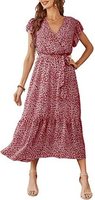 Robe midi d'été pour femme à imprimé floral, col en V, devant croisé, manches courtes à volants, ceinture à nouer, effet superposé fluide, tenue de plage