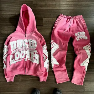 YSJY Custom Zip Up Sweatsuit Manufacturer Distress Patch Acid Wash Hoodie And Sweatpants Set Flared Tracksuit For Men