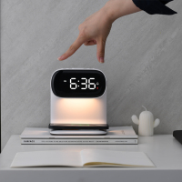 Lampe de chevet moderne avec chargeur sans fil 15W, horloge numérique, réveil LED, alimentation USB, contrôle tactile blanc, écologique