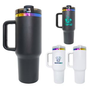Gobelet isotherme 40 oz en acier inoxydable gravé au laser, noir et blanc, plaqué arc-en-ciel holographique, avec couvercle et paille - Product Image 1