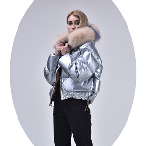 Veste bomber courte d'hiver Janefur, brillante, à <span class=keywords><strong>capuche</strong></span>, en duvet, pour femmes, vente en gros, veste à bulles, col en fourrure, veste en duvet - Product Image 2