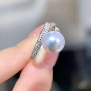 Adjustable Split Shank Edison Pearl <b>Ring</b> 10-11mm Strong Luster Round Pearl, <b>925</b> <b>Silver</b> Full Paved Zircon Stackable Pearl Jewelry - Product Image 5