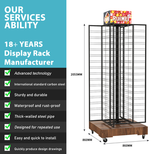 Soporte de exhibición de panel de rejilla de metal de 4 lados de gran capacidad con base de madera y rueda móvil - Product Image 4