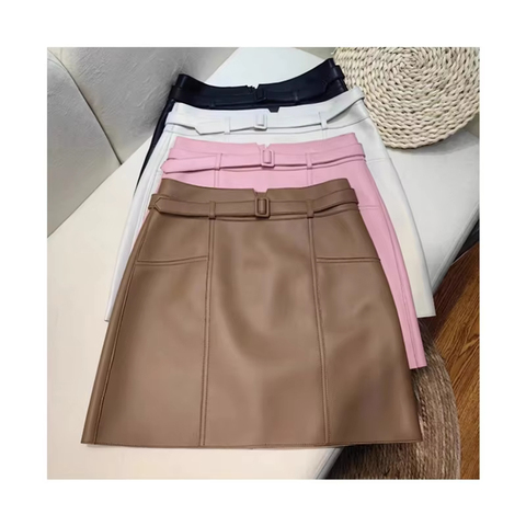 33102 Women High Quality Thick High Waisted Belt a Line Stylish Genuine Short Leather Skirt