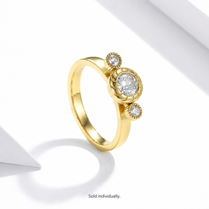 Three Stone Zircon <b>Ring</b> Stainless Steel 14K <b>Gold</b> Vacuum Plated Band with Round Center and Beaded Side <b>Settings</b> - Product Image 1