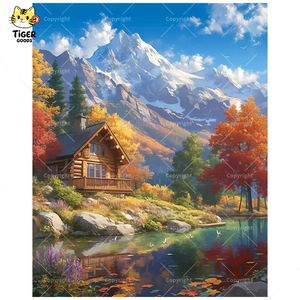 Kit Pittura con Numeri per Adulti - Rifugio in Cabina di Legno in Montagna - <span class=keywords><strong>Paesaggio</strong></span> Autunnale Scenico Fai da Te 16x20 Pollici Senza Cornice - Regali Artistici - Product Image 1