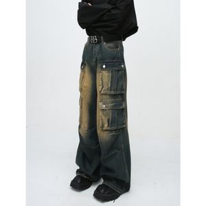 Jeans de travail pour hommes, multi-poches, patchwork, design rétro américain vintage, tendance - Product Image 5