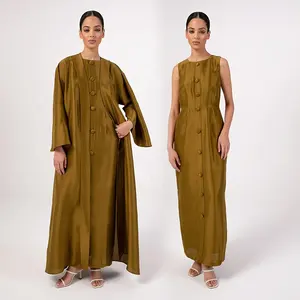 Abaya Custom Fashion Abaya Dress Muslim Satin Set Wholesale 2 Pieces Sleeveless Inner Dress Silk Satin Open Abaya For Muslim Women