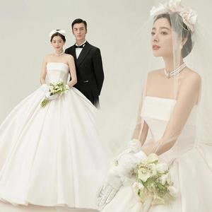 Strapless Ball Gown Wedding Dress Satin Natural Waistline Long Train Korean Style Simple Elegant Studio Photoshoot Outfit - Product Image 4