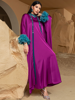 Ensemble Abaya Élégant Deux Pièces en Polyester, Kaftan en Satin avec Cape Extérieure, Manches à Plumes, Robe Intérieure Halter Ornée de Strass, Idéal pour Fêtes et Soirées de l'Aïd