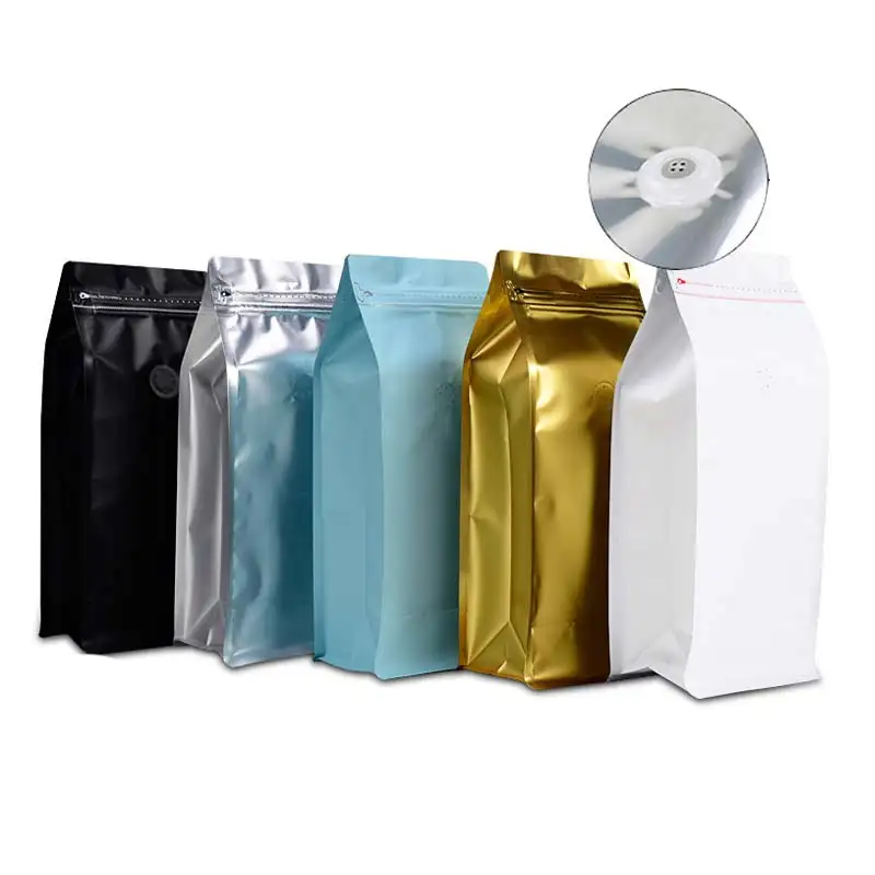 Emballage de serrure refermable en gros Valve à sens unique pochette biodégradable emballage sacs de café avec vanne de dégazage et Ziplock