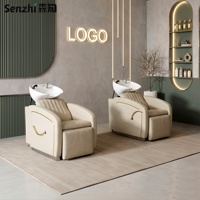 Fauteuil de lavage moderne de luxe incurvé avec cuvette en céramique, repose-pieds réglable, couleur personnalisable, pour salon de coiffure
