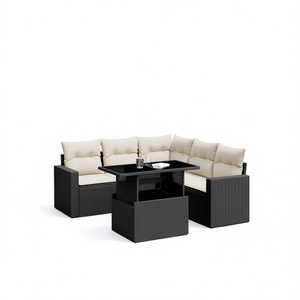 Ensemble de canapés de jardin en rotin noir avec coussins crème, mobilier d'extérieur au design contemporain, résistant à l'eau et aux UV, en matériau PE - Product Image 1