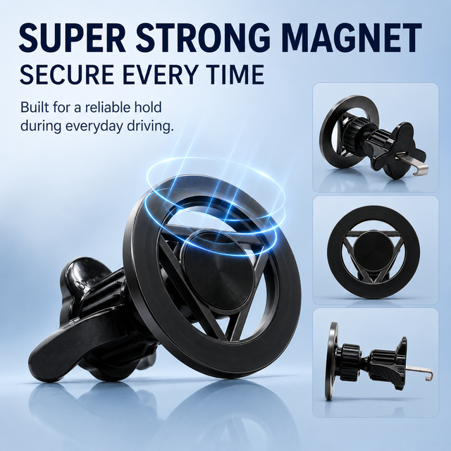 Car Triangle Hollow Magnetic Suction Cup Mount Phone Holder Metal Hook Dual Knob Clip Durable Multi-Function Stable 360 Rotation