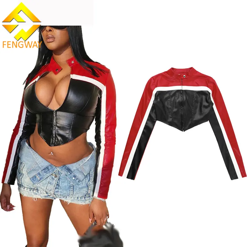 2024 New Fall Patchwork Leather Crop Jacket Fashion Zip Up Short Jacket Streetwear Motorcycle Pu Leather Jacket