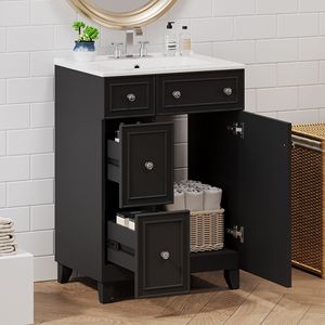 Meuble de salle de bain double DB 24 pouces avec évier en céramique 2 tiroirs 1 porte meuble de salle de bain en mélamine - Product Image 1