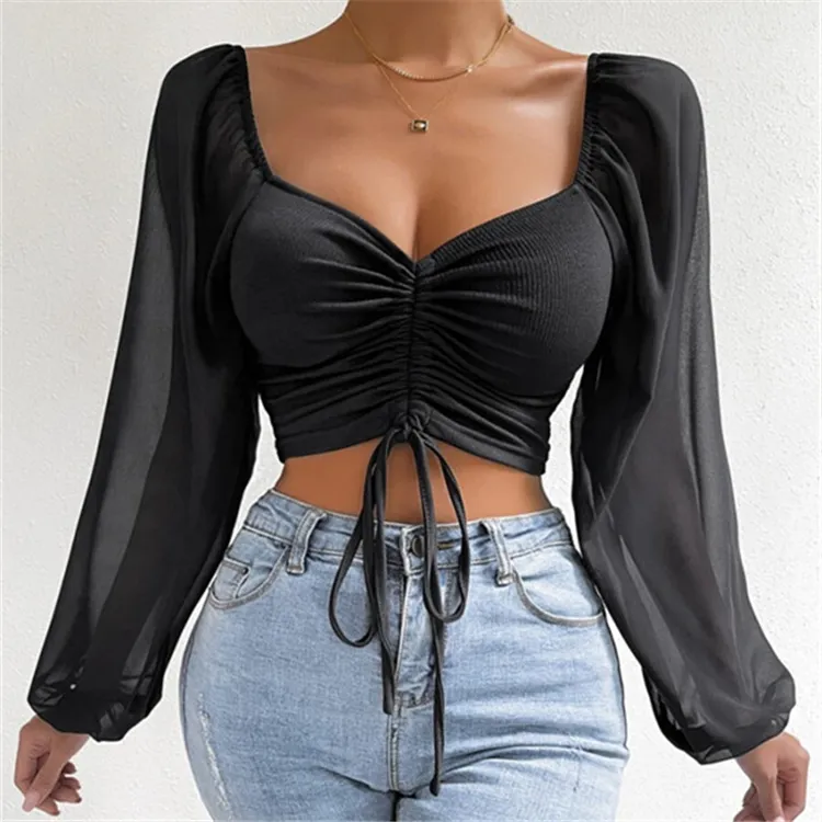 2022 Fashion Wear Ladies Long Sleeve O-Neck Blouses Shirt Crop Tops