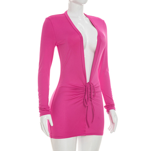Viviblook J26DS248 Vestido de Fiesta Corto Ajustado de Verano para Mujer, Sexy, de Color Sólido, Manga Larga, Cuello en V Profundo - Product Image 3