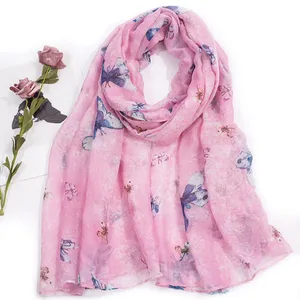 Factory wholesale fashion custom butterfly print edged soft thin scarf shawl