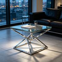 Table basse carrée moderne en verre, base géométrique en acier inoxydable poli de luxe, table centrale pour salon, table à thé