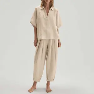 Personalizado de Alta Qualidade Das Mulheres Home Wear Vestuário Linho pj Conjuntos De Correspondência Para Senhoras 2023 Hemp Loungewear Outfits