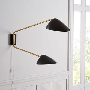 Lampada da Parete Unica in Ottone Stile Mid-Century Simig Lighting <span class=keywords><strong>con</strong></span> Paralume Nero e <span class=keywords><strong>Braccio</strong></span> Orientabile a 2 Luci per Interni Domestici - Product Image 1