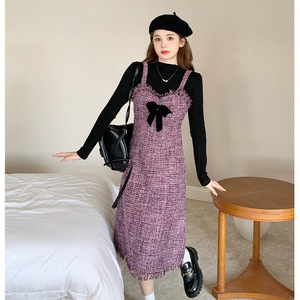 Mengmeng WP-614 Two Piece Set <b>Long</b> Sleeve Top With Bow <b>Slip</b> Dress High Neck Vintage Style Daily Wear Casual Dresses - Product Image 3