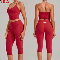 Ensembles de vêtements de sport pour femmes, hauts courts à bretelles rouges, leggings de yoga longueur mollet, personnalisation du logo, vêtements de yoga en gros, haute qualité