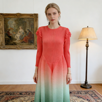 Robe longue plissée vintage Miyake 2026 pour femme, grande taille, dégradé, col rond, extensible, infroissable, décontractée, couleur estivale