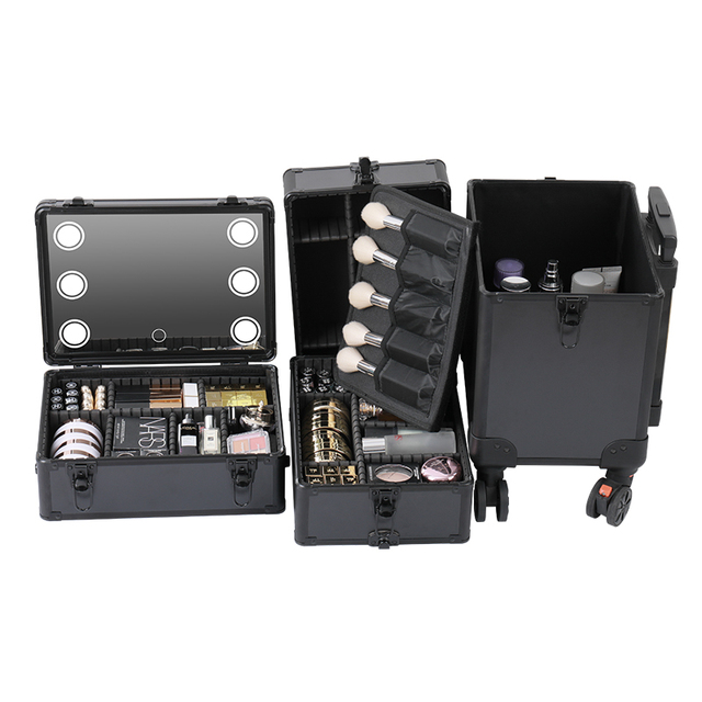 Rolling Makeup Train Case with Mirror of LED Lighted, 4 in 1 Large Storage Cosmetic Trolley with Key and Swivel Wheels