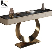 Console de couloir moderne avec plateau en pierre frittée marbrée, pieds en acier inoxydable et tiroirs de rangement