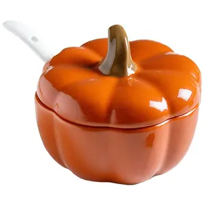 Wholesale white ceramic porcelain pumpkin shape seasoning pot sugar bowl jar with spoon and lid for servicing sugar