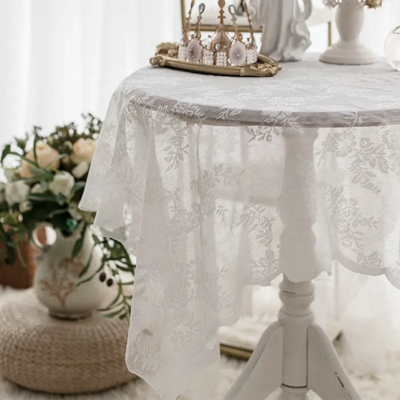 رخيصة الرعوية نزهة ديكور جولة الدانتيل تراكب الزفاف مفرش طاولة سماط يغطي الأبيض بالجملة