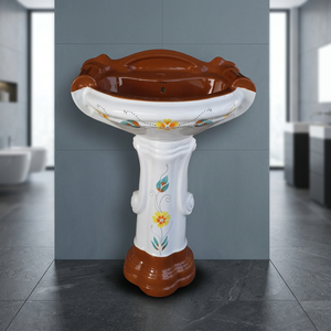 Lavabo de Cerámica Color Madera Rústica Serena con Pedestal, Lavabo de Baño Montado en la Pared con Pedestal Completo - Product Image 4