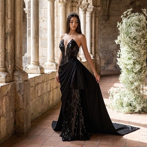 Vestido de noche de lujo con lentejuelas negras y flecos, escote en V profundo, estilo sirena, con cola de satén drapeada para mujer, Jancember. - Product Image 1