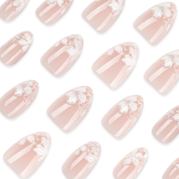 Faux ongles 3D nude amande à presser avec pointes françaises à pois blancs, ongles artificiels brillants réutilisables pour usage quotidien et manucure 4619