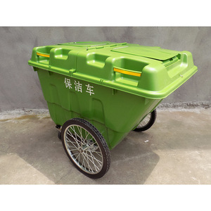 Green <b>Plastic</b> Hand Cart 400L 2 <b>Wheels</b> Movable Industrial Cleaning Trolley Rectangle Shape - Product Image 3