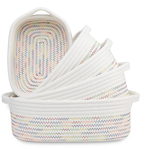 Paniers tissés en corde de coton naturel pour organiser un petit ensemble de paniers de rangement rectangulaires pour la maison, le salon, les cadeaux pour bébés - Product Image 4