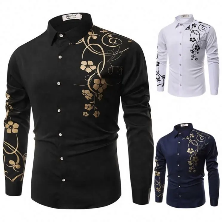 Luxus Golden Print Shirt Männer New Slim Fit Langarm Camisa Social Men Club Prom Shirts