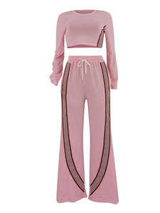 Rahat sportif tarzı kontrast şerit tasarım 2 parça Set kadın o-boyun tam kollu mahsul Tops + İpli uzun pantolon takım elbise - Product Image 6