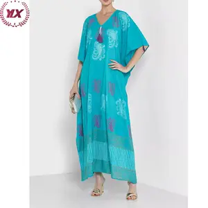 Tissu en coton confortable bleu frais, manches courtes amples, violet, pampille, col avant, robe Kaftan arabe, offre spéciale