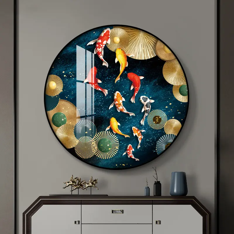 Poster porselen kristal Modern Sembilan ikan Gambar hewan cetak seni dinding berbingkai kaca dekorasi rumah lukisan porselen ikan mewah