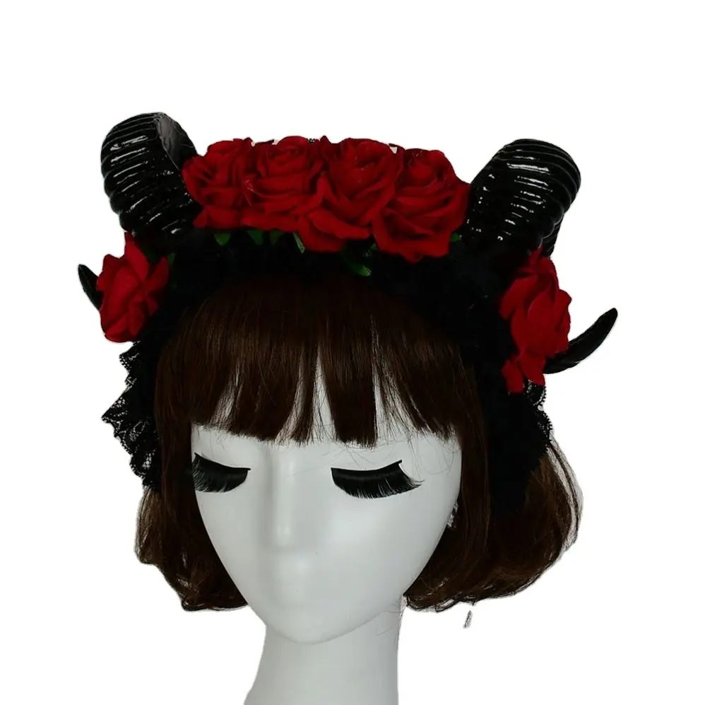 Hongyu Setan Ram Setan Kambing Safflower dengan Tanduk Romantis Headband Cosplay Halloween untuk Wanita Pernikahan Domba Headpiece Gothic