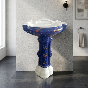 Lavabo de Pedestal de Cerámica Estilo Mármol Azul, Lavabo Grande Ecológico para Baño - Product Image 1