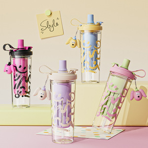 Vaso de PC de doble compartimento de gran capacidad con separación de té y pajita, para bebidas frías, jugos de frutas y agua, ideal para primavera/verano, con diseño atractivo y para oficina. - Product Image 1